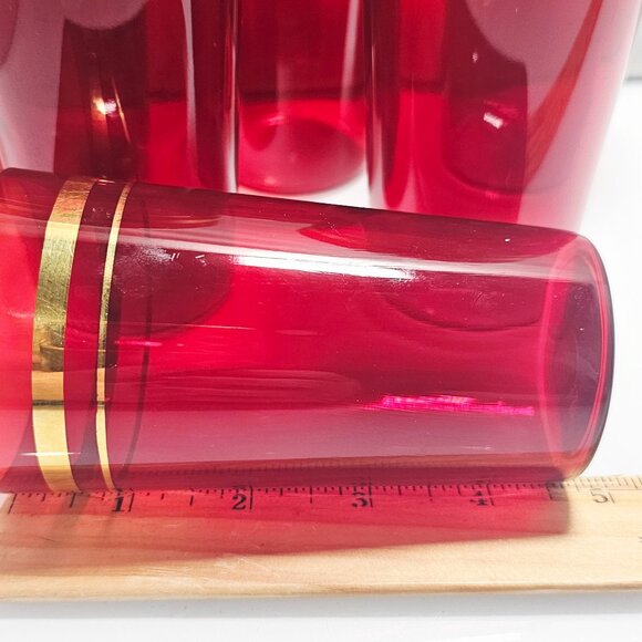 6 Anchor Hocking Royal Ruby Glasses 4.7" vtg red glass 9oz tumblers gold stripes - Picture 7 of 11